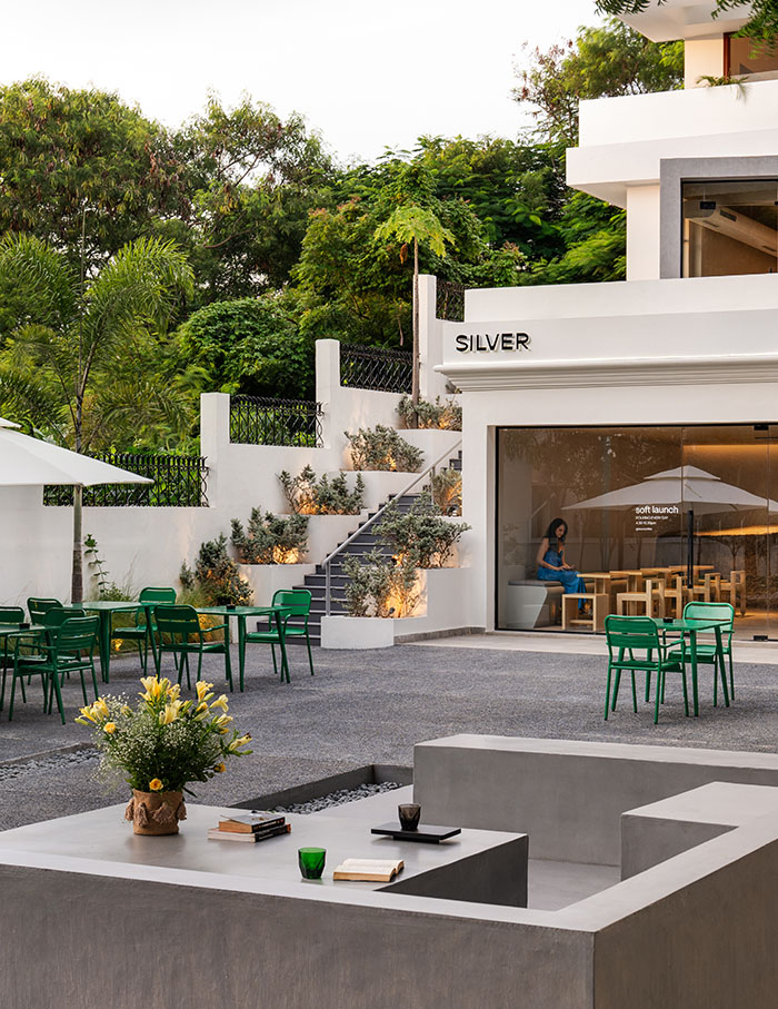 Silver storefront and courtyard